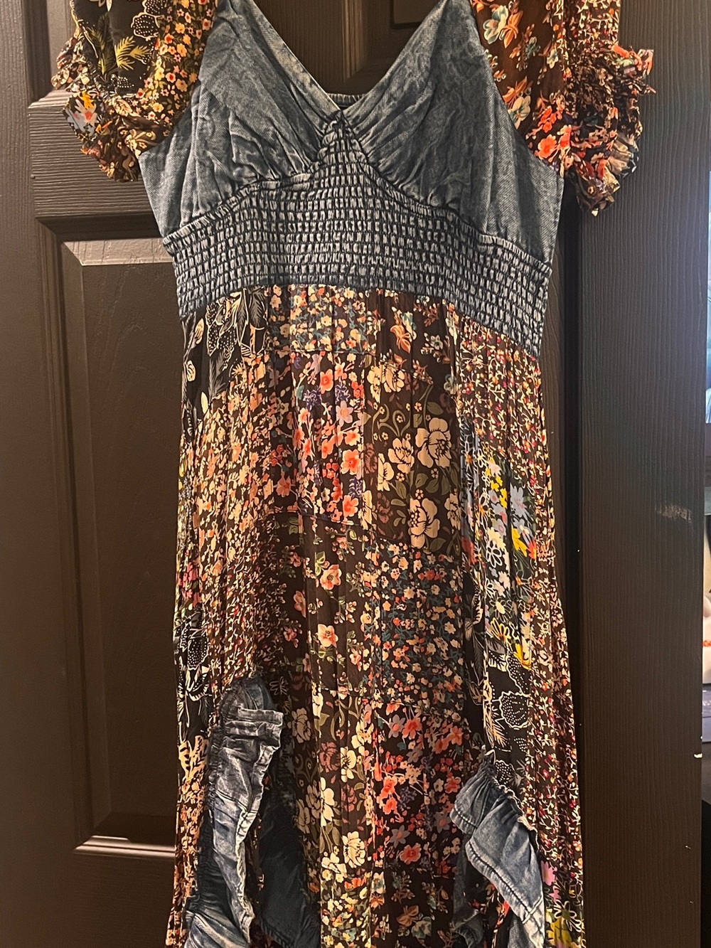 Women’s Black Floral Boho Dress with Denim Trim - Picture 3 of 4